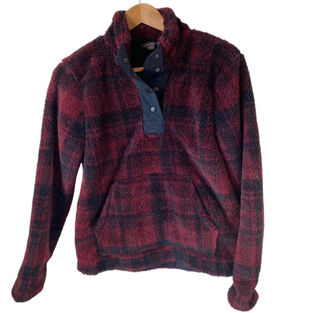 Eddie Bauer red check Pemba fleece pullover jacket snaps outdoors hiking women S